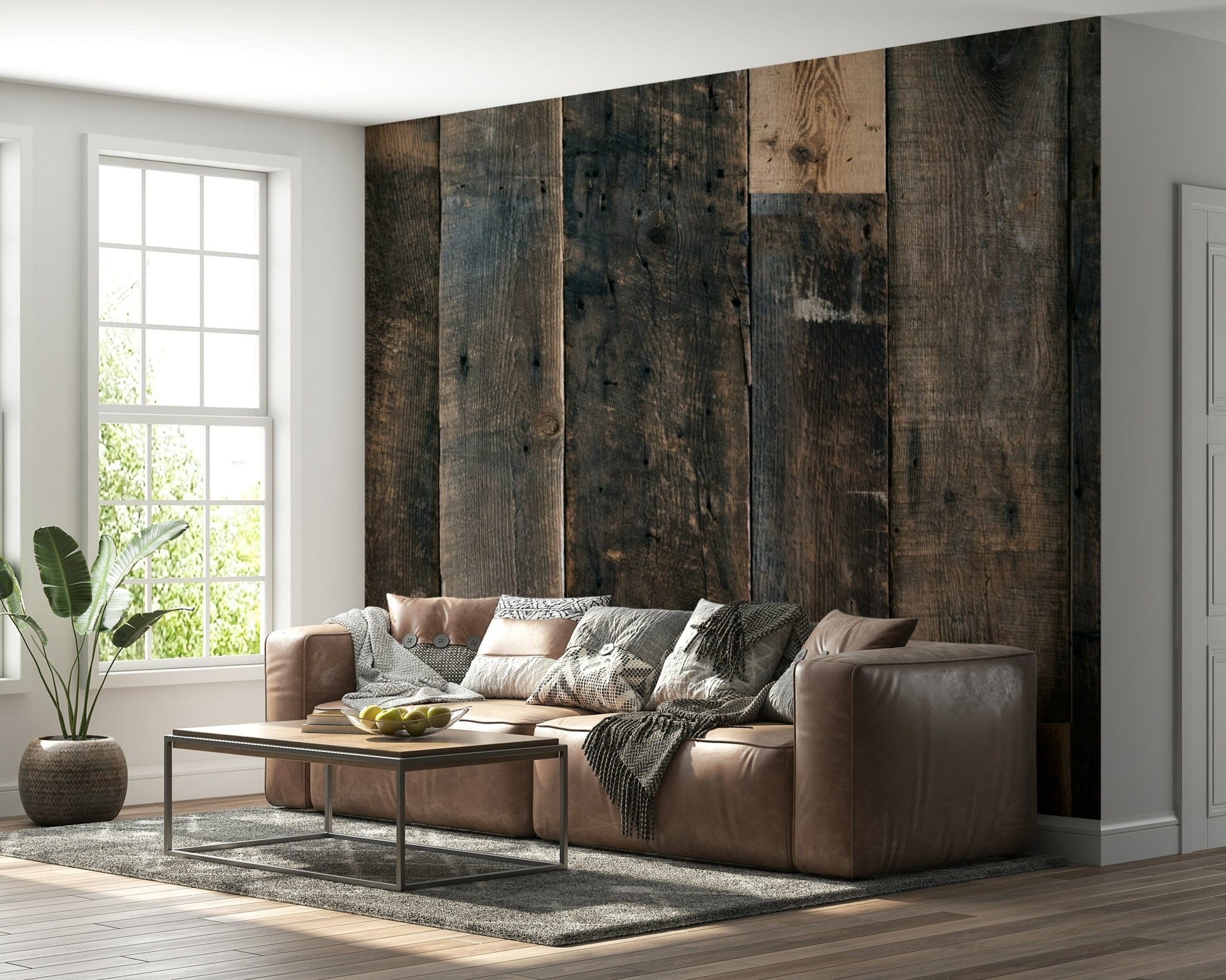Rustic Wood Plank Charm Wall Mural in a farmhouse kitchen, adding warm depth.