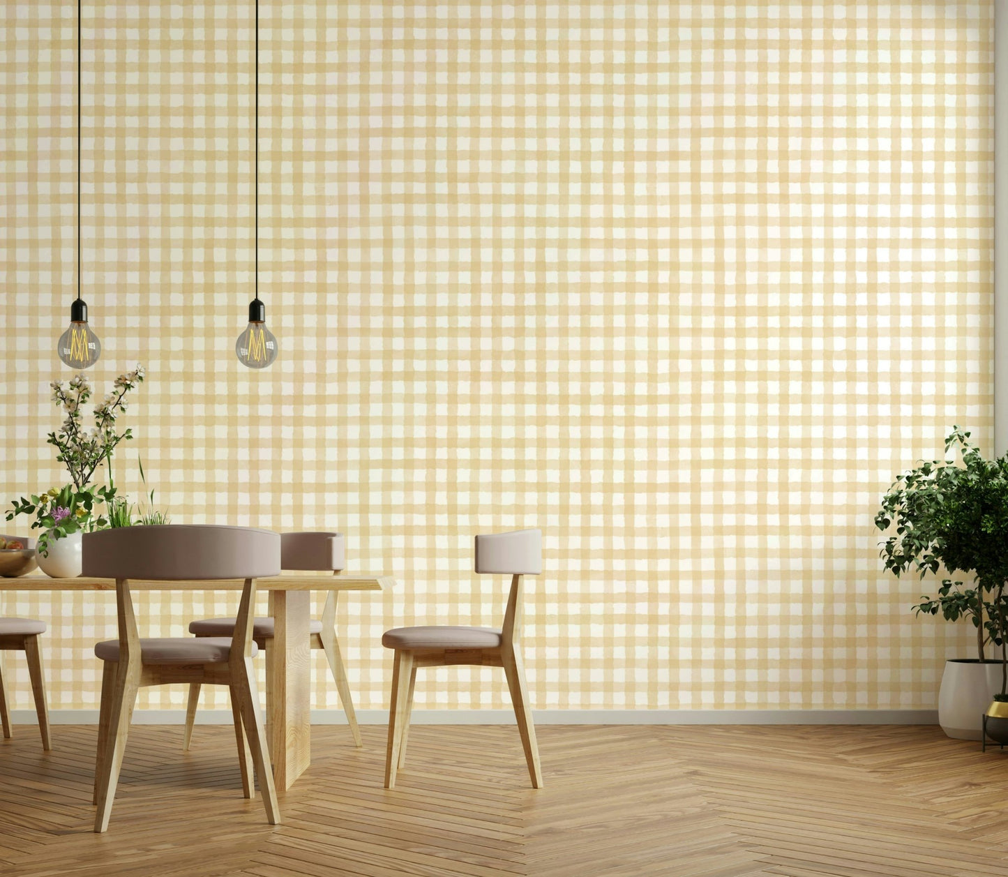 Soft yellow gingham wallpaper for cozy interiors
