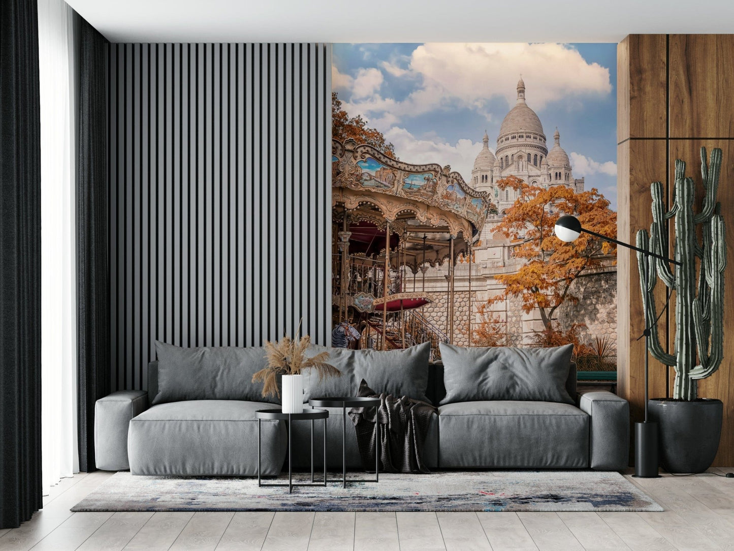 This Living room feels richer with the Sacre-Coeur Carousel wall mural and skyline scene
