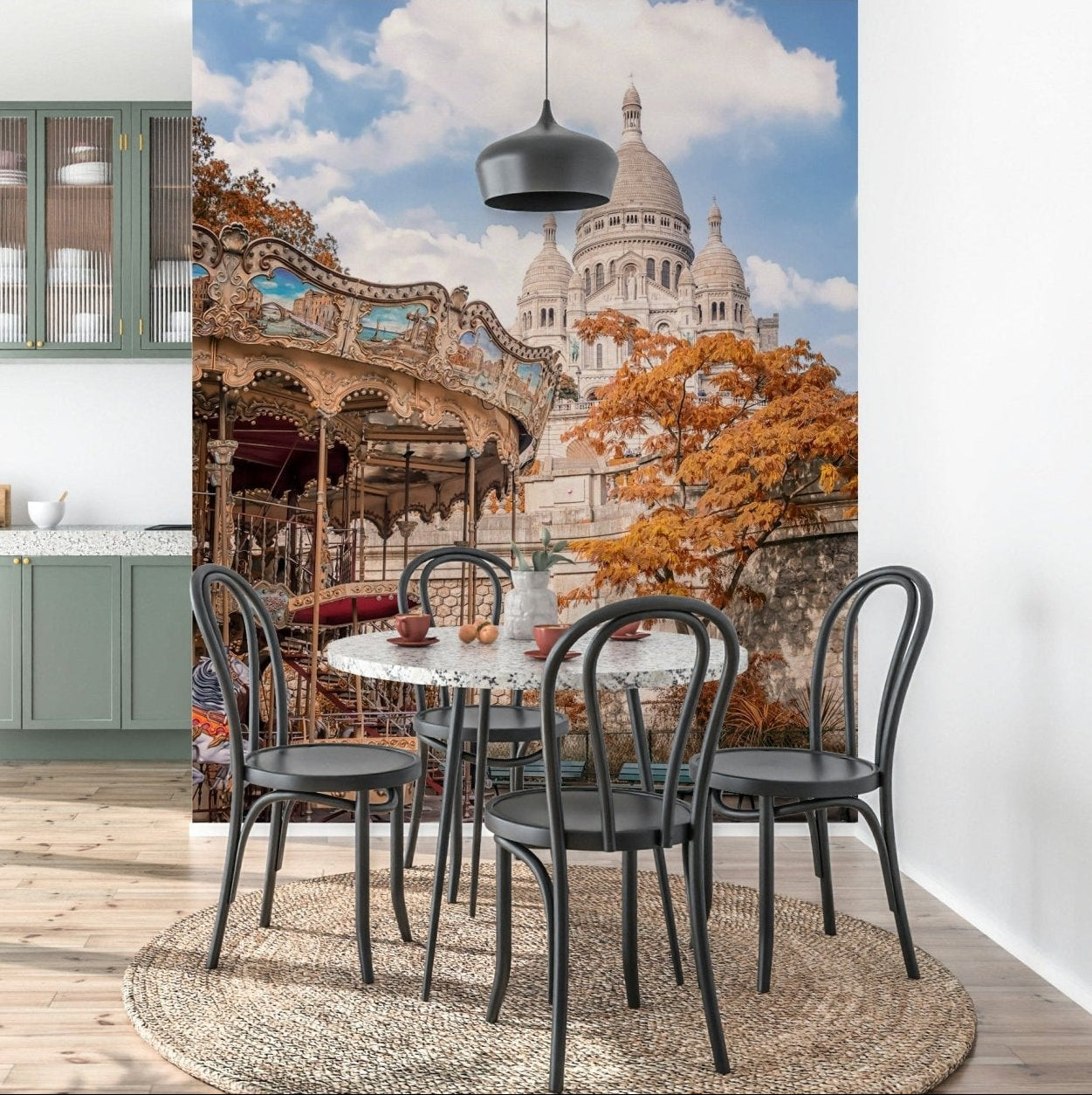 A bright dining nook framed with the Sacre-Coeur Carousel wall mural and Paris detail