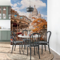 A bright dining nook framed with the Sacre-Coeur Carousel wall mural and Paris detail