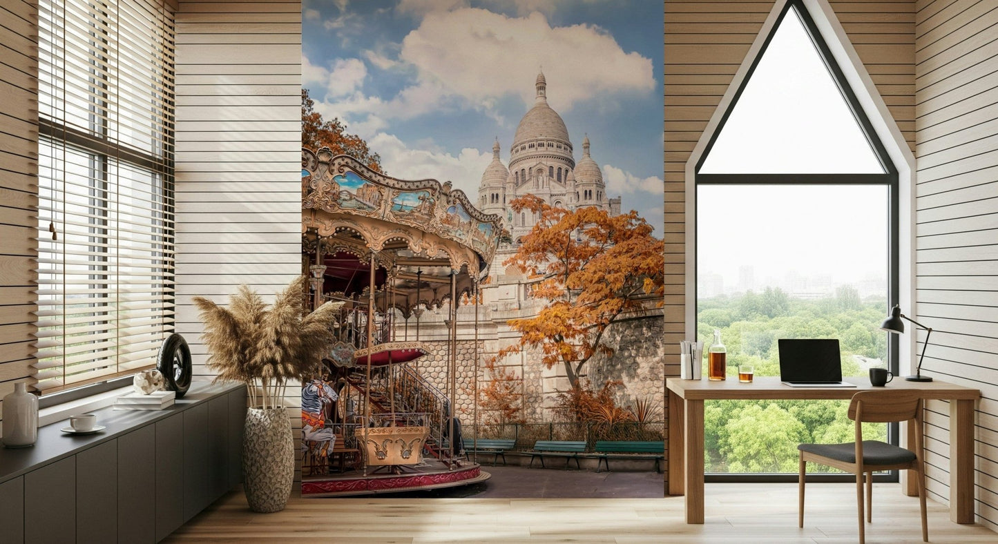 A reading corner becomes more inviting with Sacre-Coeur Carousel Wall Mural and carousel detail