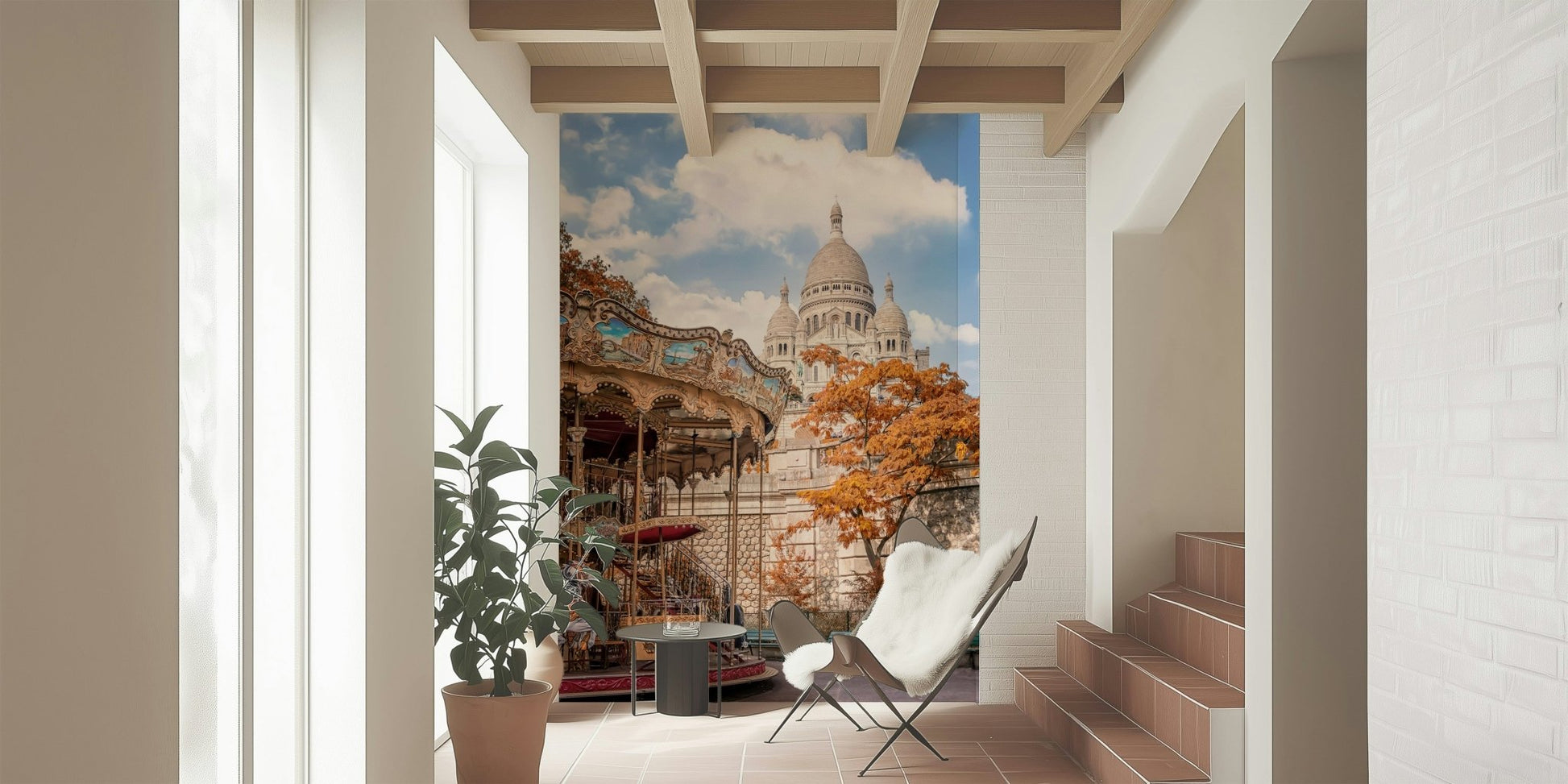 This hallway uses Sacre-Coeur Carousel Wall Mural for a soft architectural accent