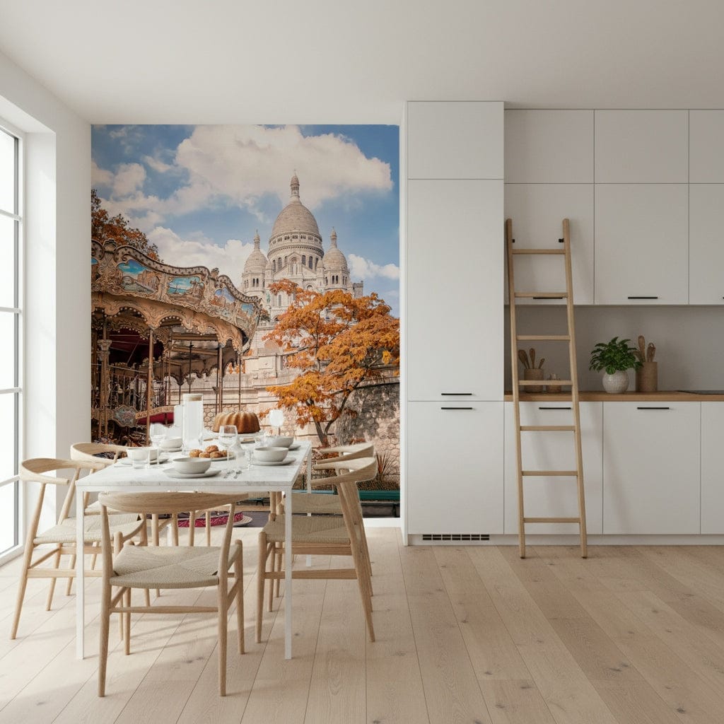 Paris scenery from Sacre-Coeur Carousel Wall Mural adds charm to this dining space