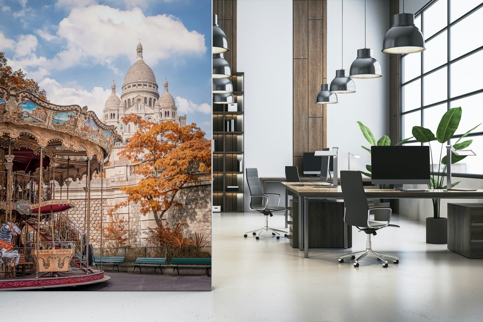 In this office area, the Sacre-Coeur Carousel mural adds a refined city backdrop