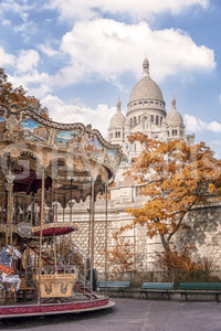 Sacre-Coeur Carousel wall mural showing a Paris carousel and basilica under soft clouds