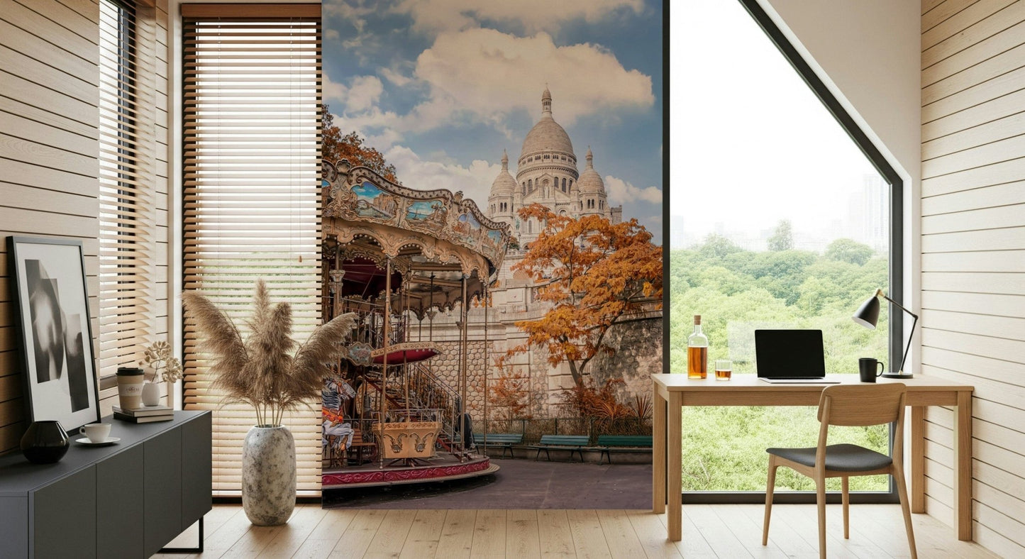The Sacre-Coeur Carousel wall mural brings a soft landmark view into this study corner