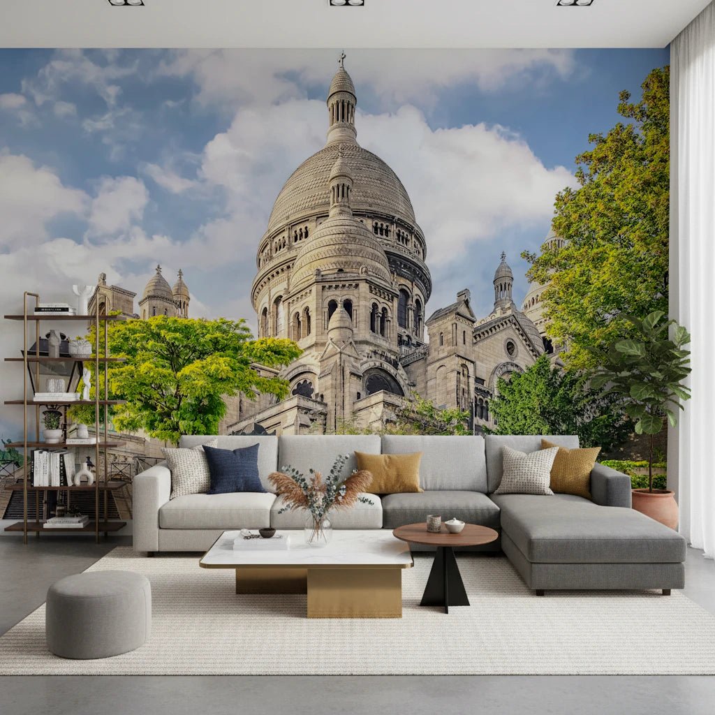 Living room with Sacred Heart Majesty wall mural and grand basilica dome