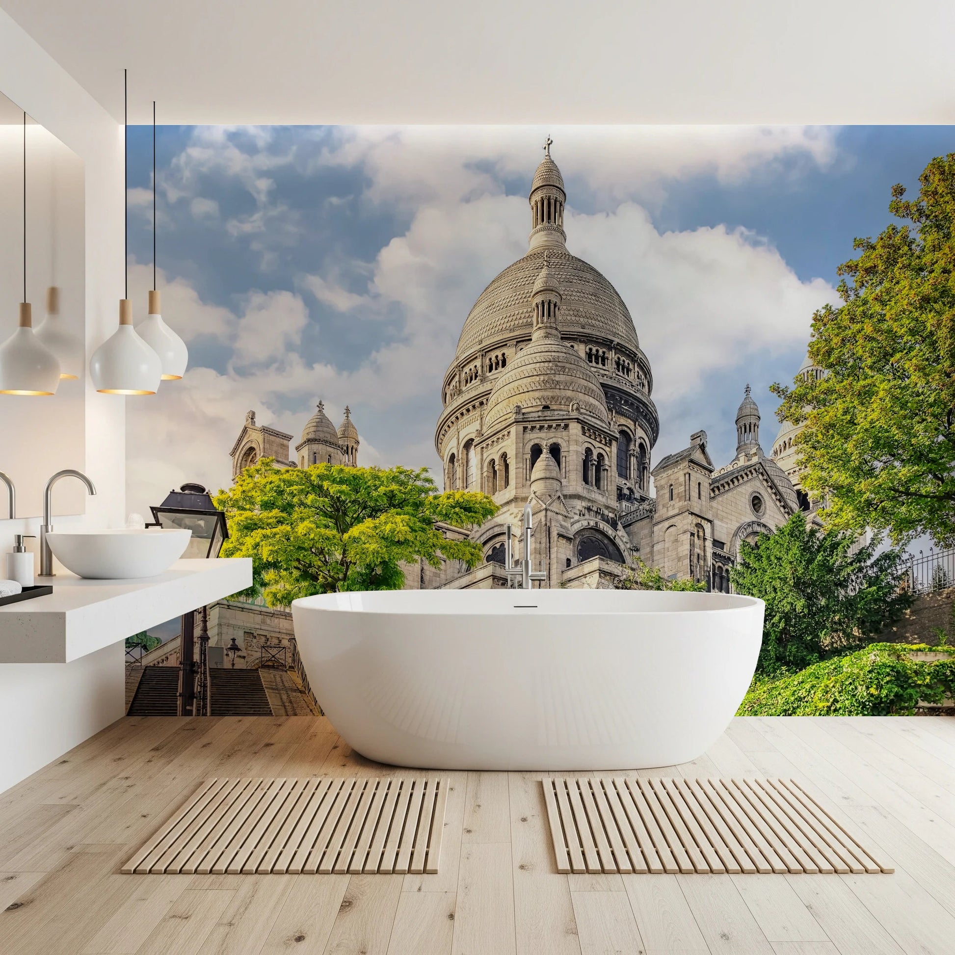 Bathroom wall with Sacred Heart Majesty wall mural and hillside basilica scene