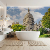 Bathroom wall with Sacred Heart Majesty wall mural and hillside basilica scene