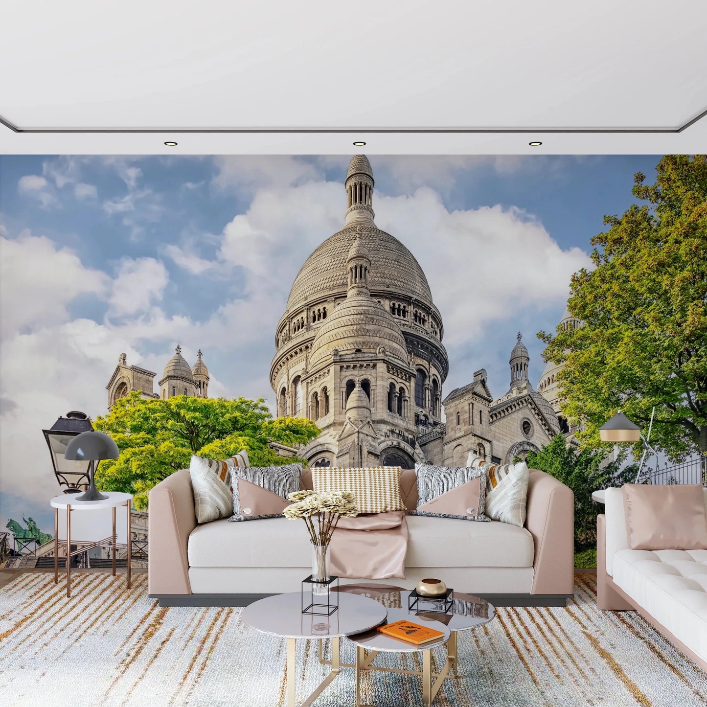 Hallway featuring Sacred Heart Majesty wall mural and domed landmark view
