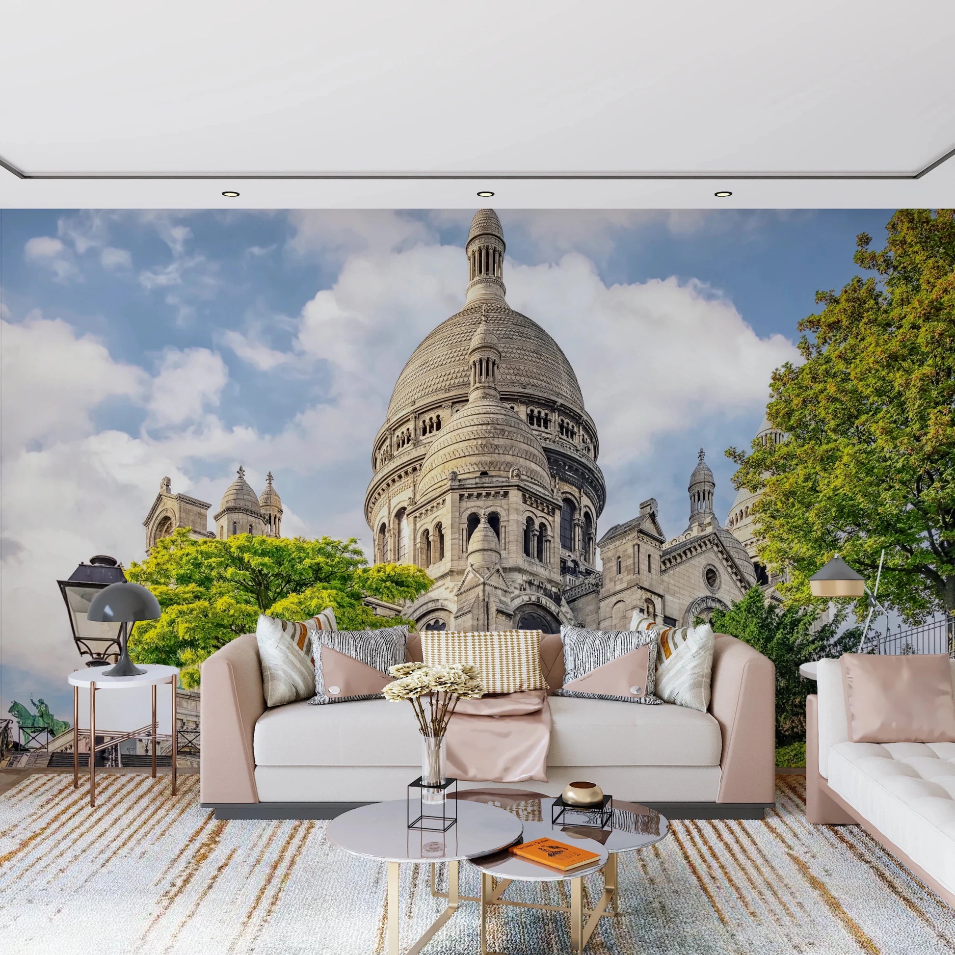 Hallway featuring Sacred Heart Majesty wall mural and domed landmark view
