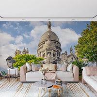 Hallway featuring Sacred Heart Majesty wall mural and domed landmark view