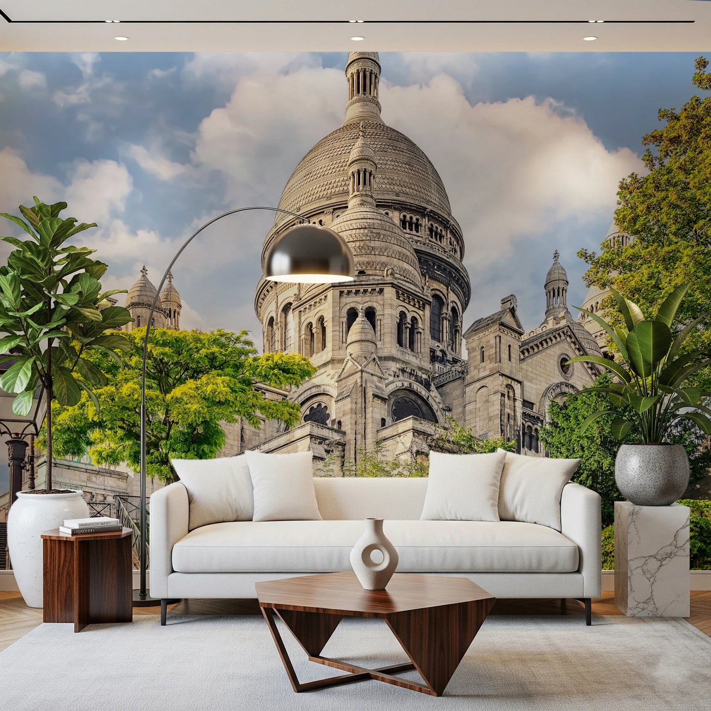 Sacred Heart Majesty wall mural showing historic landmark and green trees