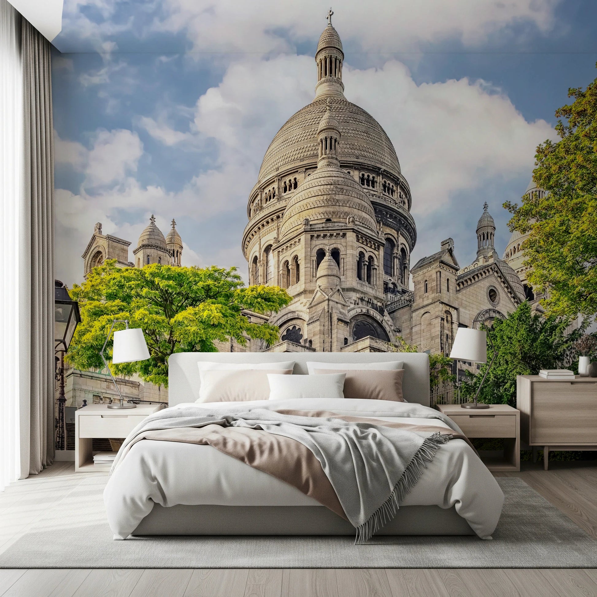 Bedroom styled in Sacred Heart Majesty wall mural with carved stone facade