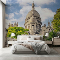 Bedroom styled in Sacred Heart Majesty wall mural with carved stone facade