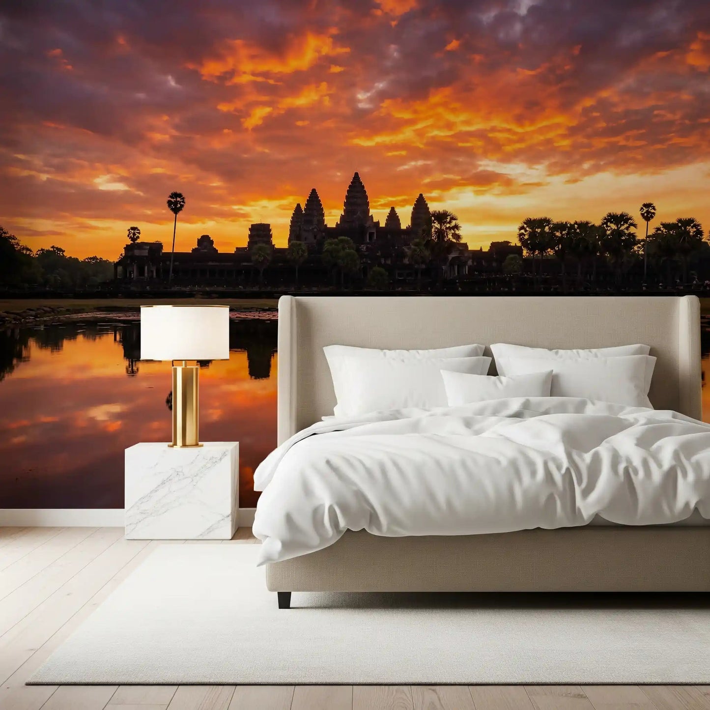 Bedroom styled in Sacred Glow Reflection Wall Mural temple viewGD9201
