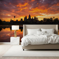 Bedroom styled in Sacred Glow Reflection Wall Mural temple viewGD9201