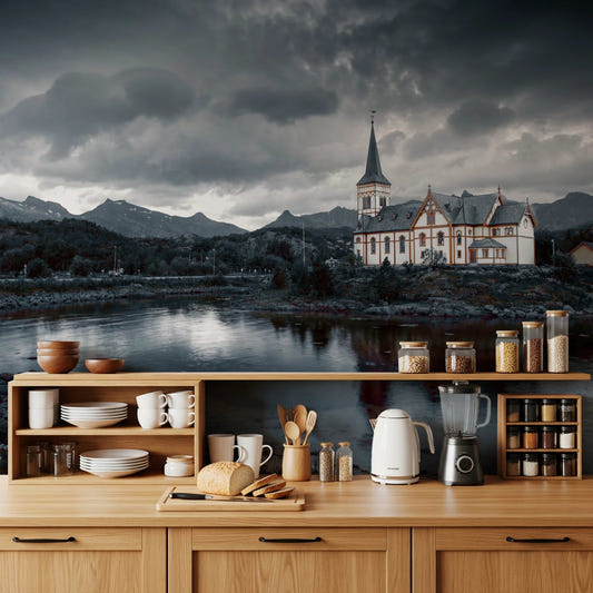 Kitchen setup with jars and appliances backed by Sacred Shores Wall Mural