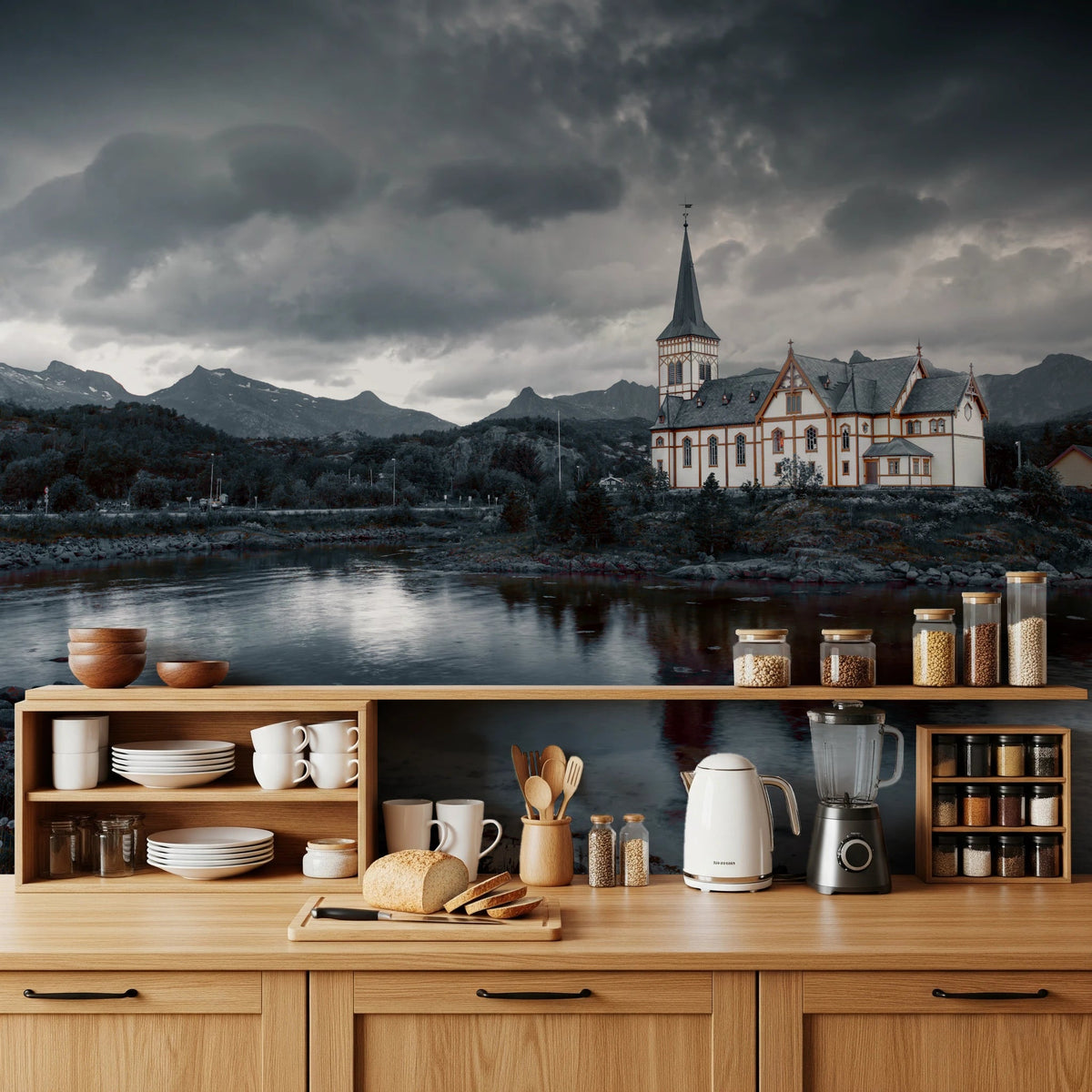 Kitchen setup with jars and appliances backed by Sacred Shores Wall Mural, GD8246