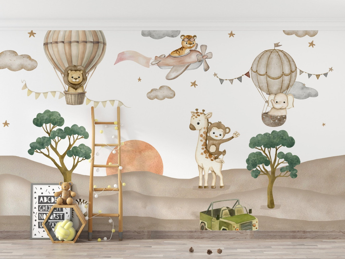 Cute safari animals in hot air balloons
