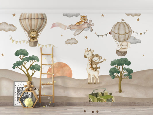 Cute safari animals in hot air balloons
