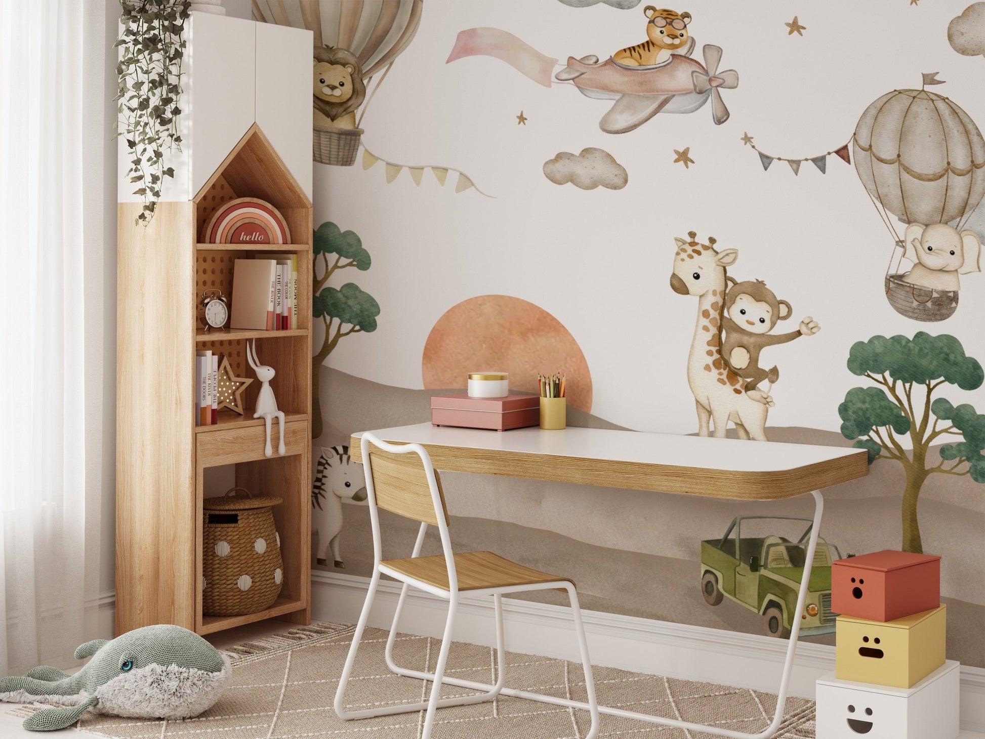 Animal-themed safari nursery wallpaper
