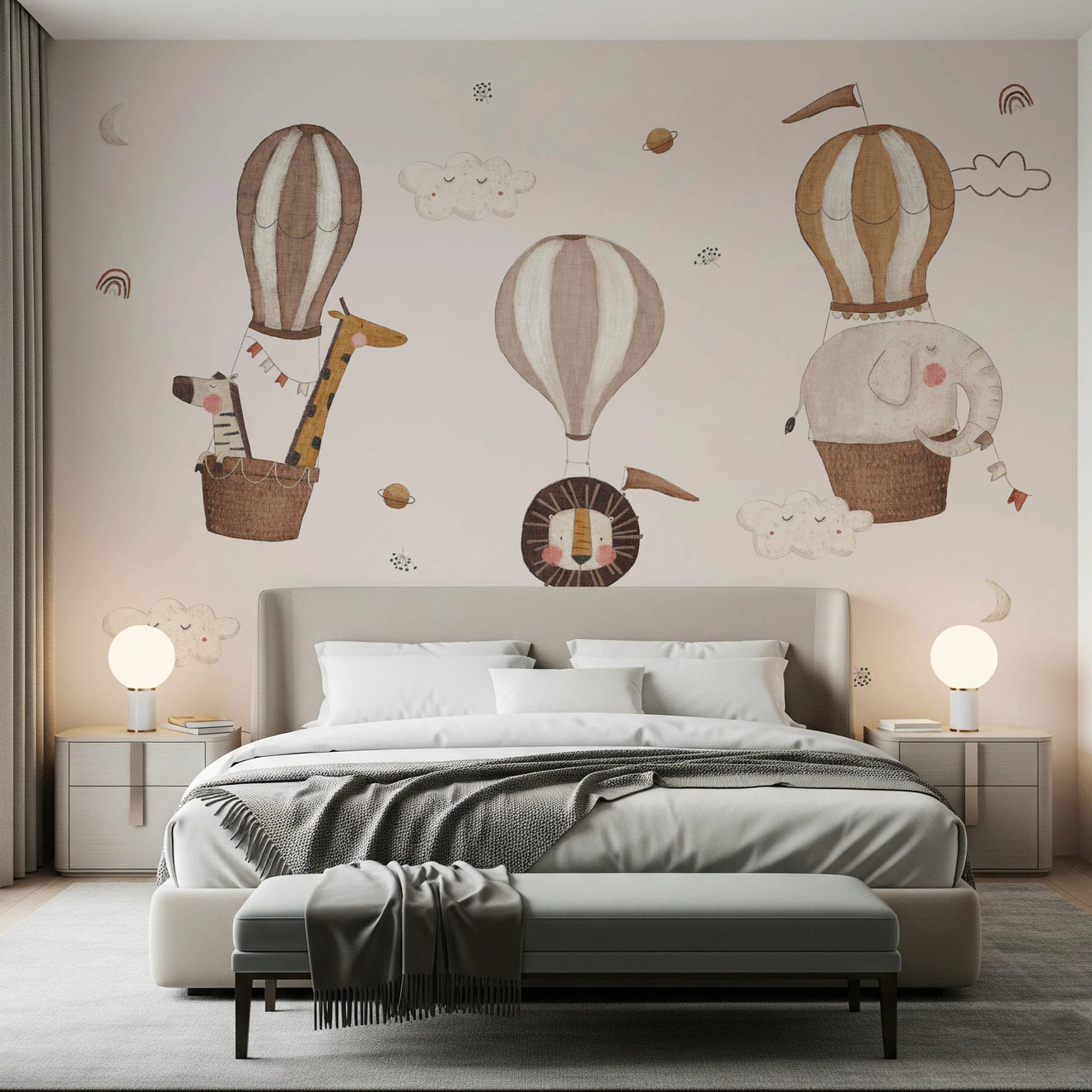 Durable Safari Hot Air Balloons Nursery Wall Mural accents a modern bedroom feature .