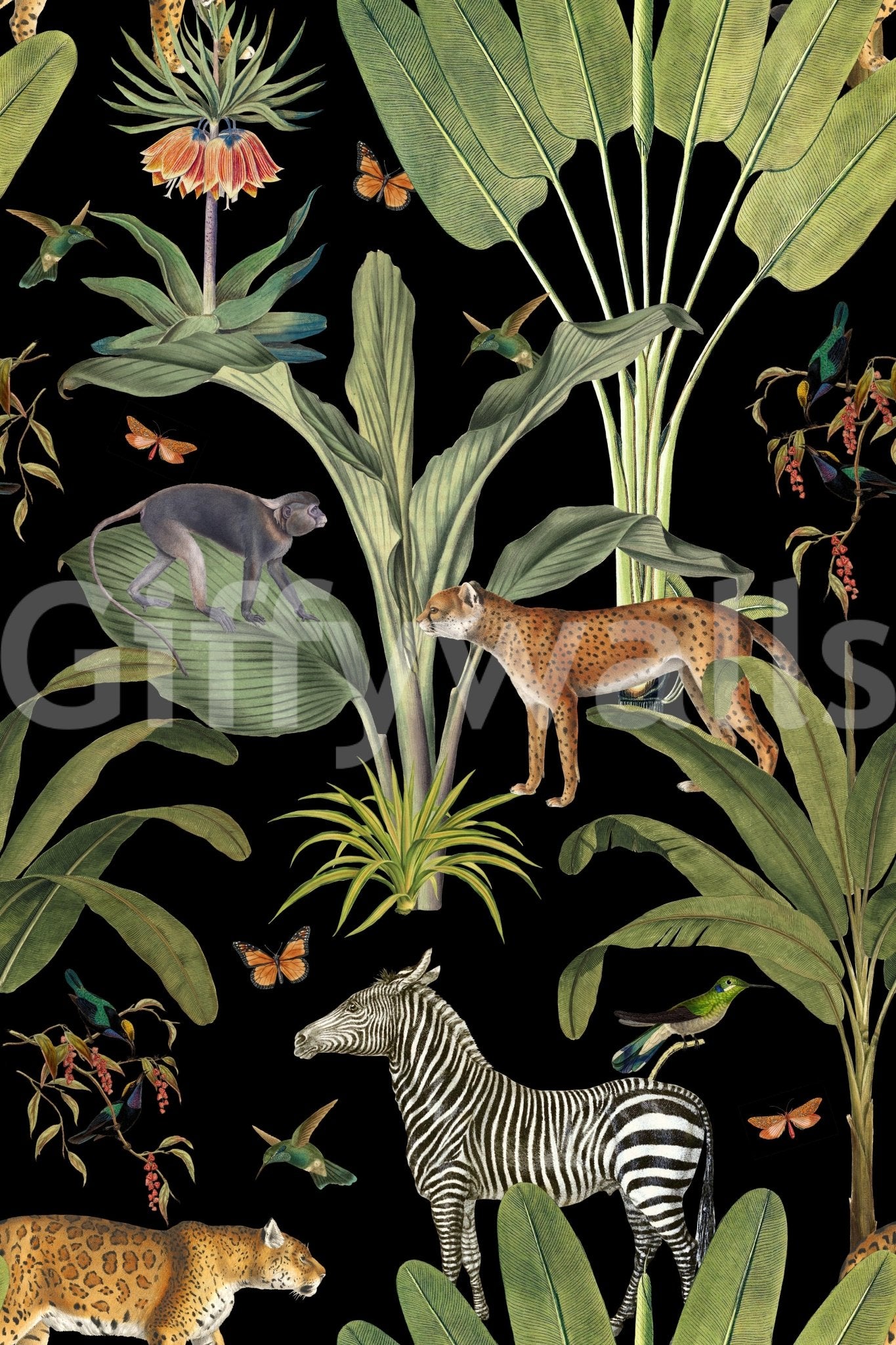 Vintage botanical mural with wild animals

