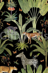 Vintage botanical mural with wild animals

