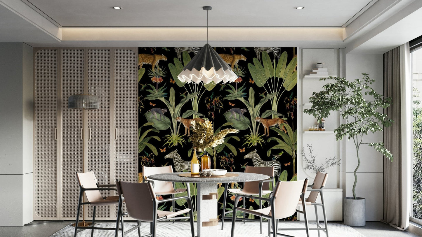 Mural wallpaper with safari animals and foliage

