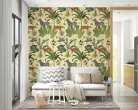 Hand-drawn animal and plant mural wallpaper

