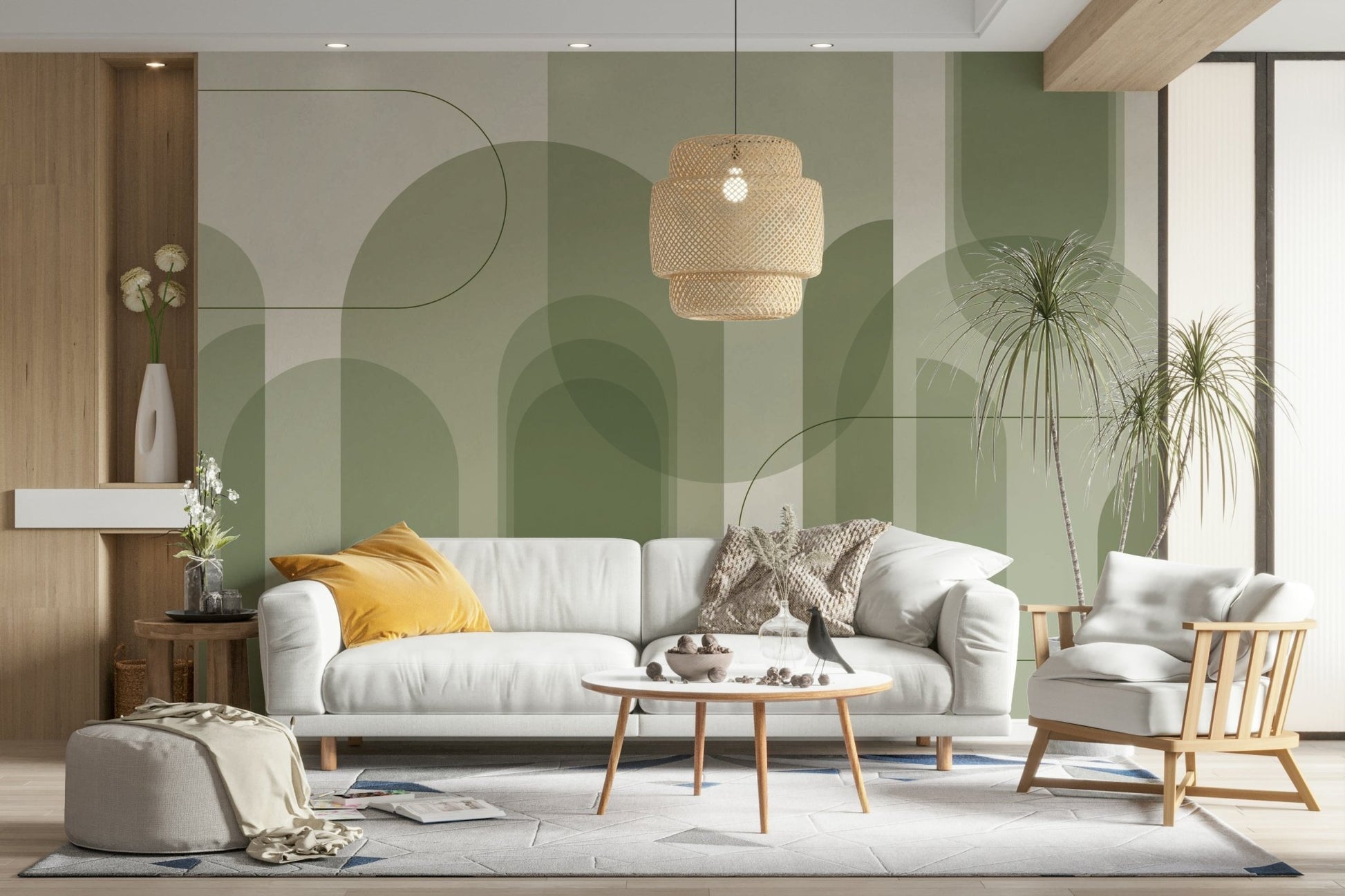 Sage-toned wall mural for bedrooms or lounges
