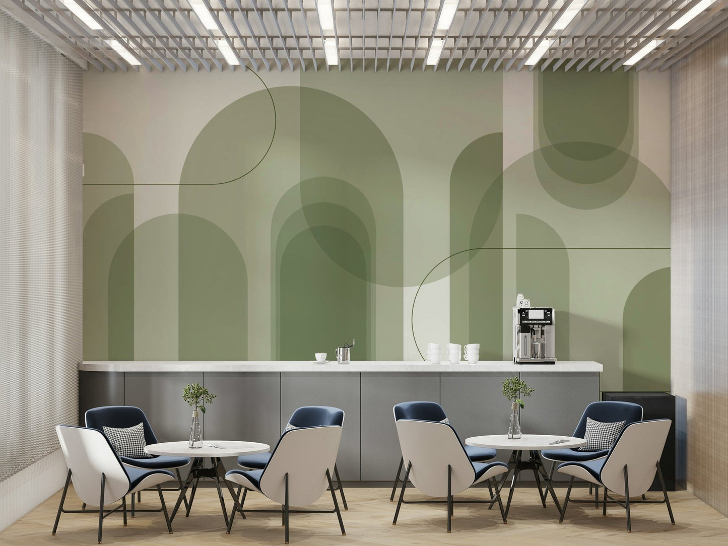 Soft green mural wallpaper with gentle rhythm
