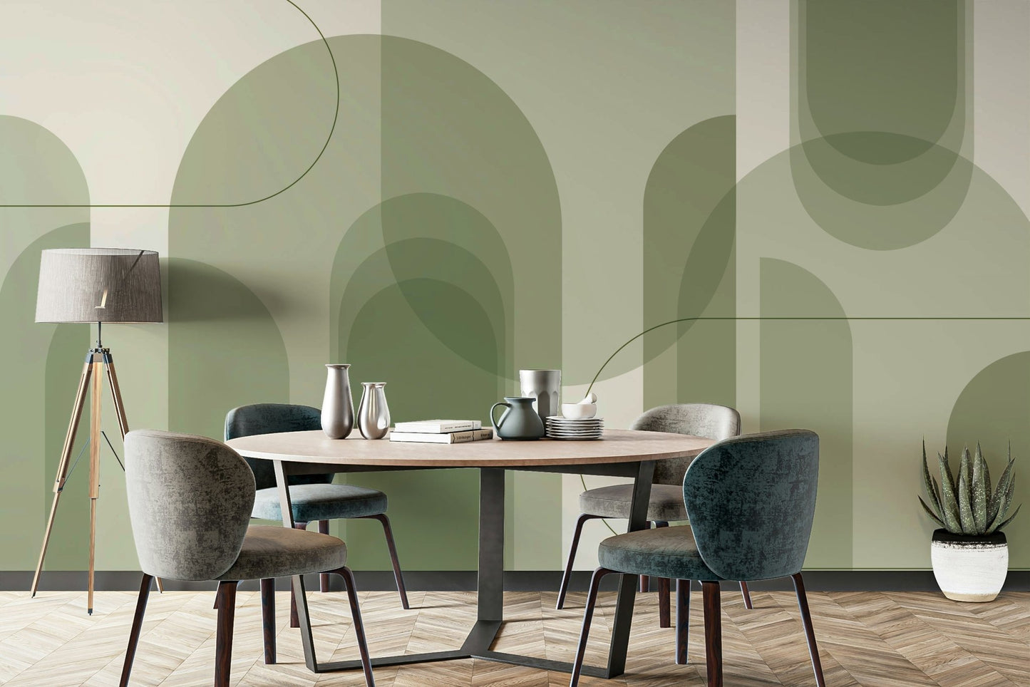Mural wallpaper with earthy green shades
