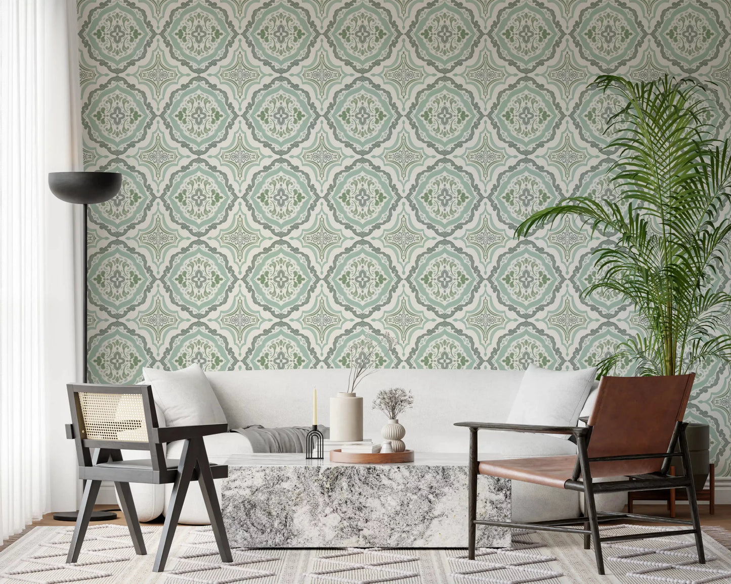 Home office nook styled with Sage Bloom Tile Wallpaper in a delicate tile pattern