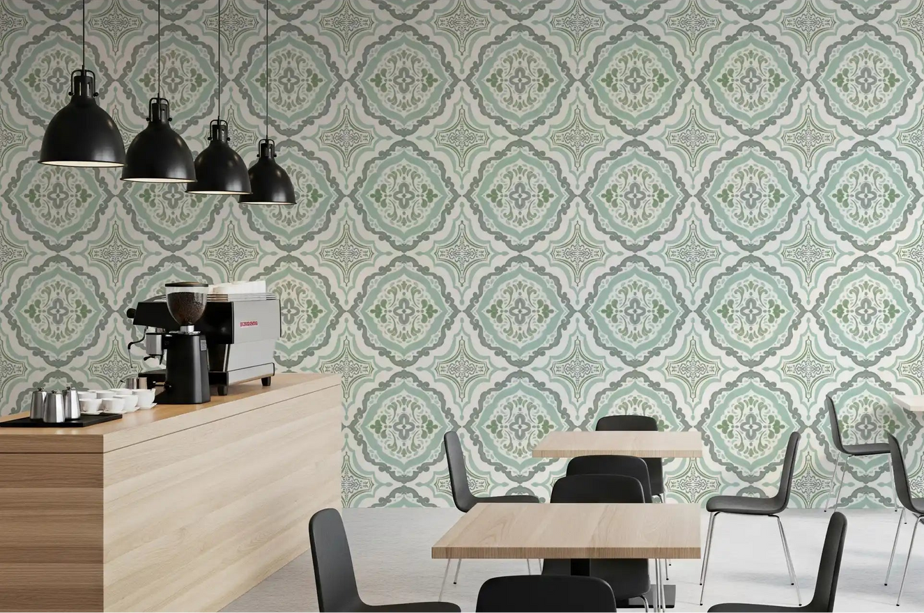 Cafe-style workspace with Sage Bloom Tile Wallpaper in a soft green tiled pattern
