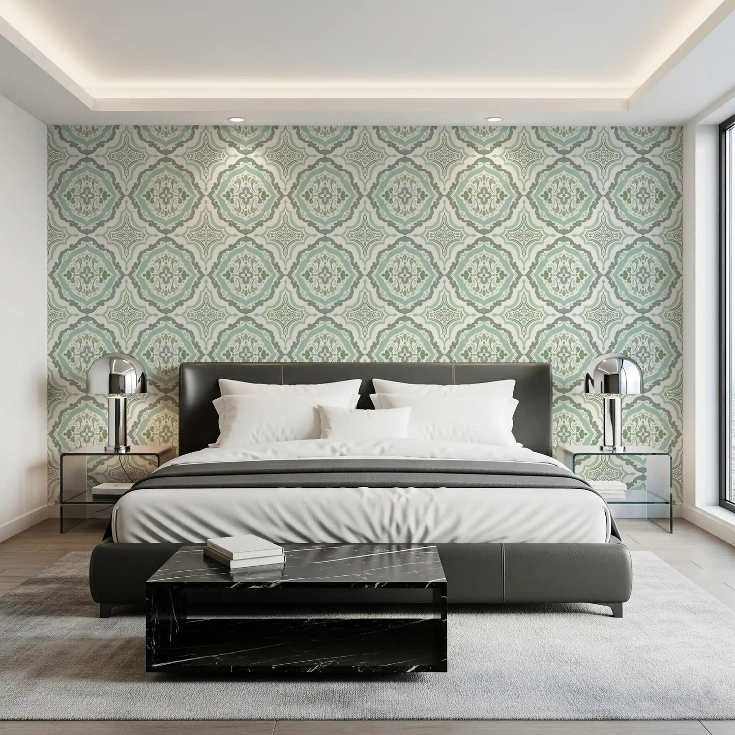Serene bedroom set against Sage Bloom Tile Wallpaper in a pale green tile motif