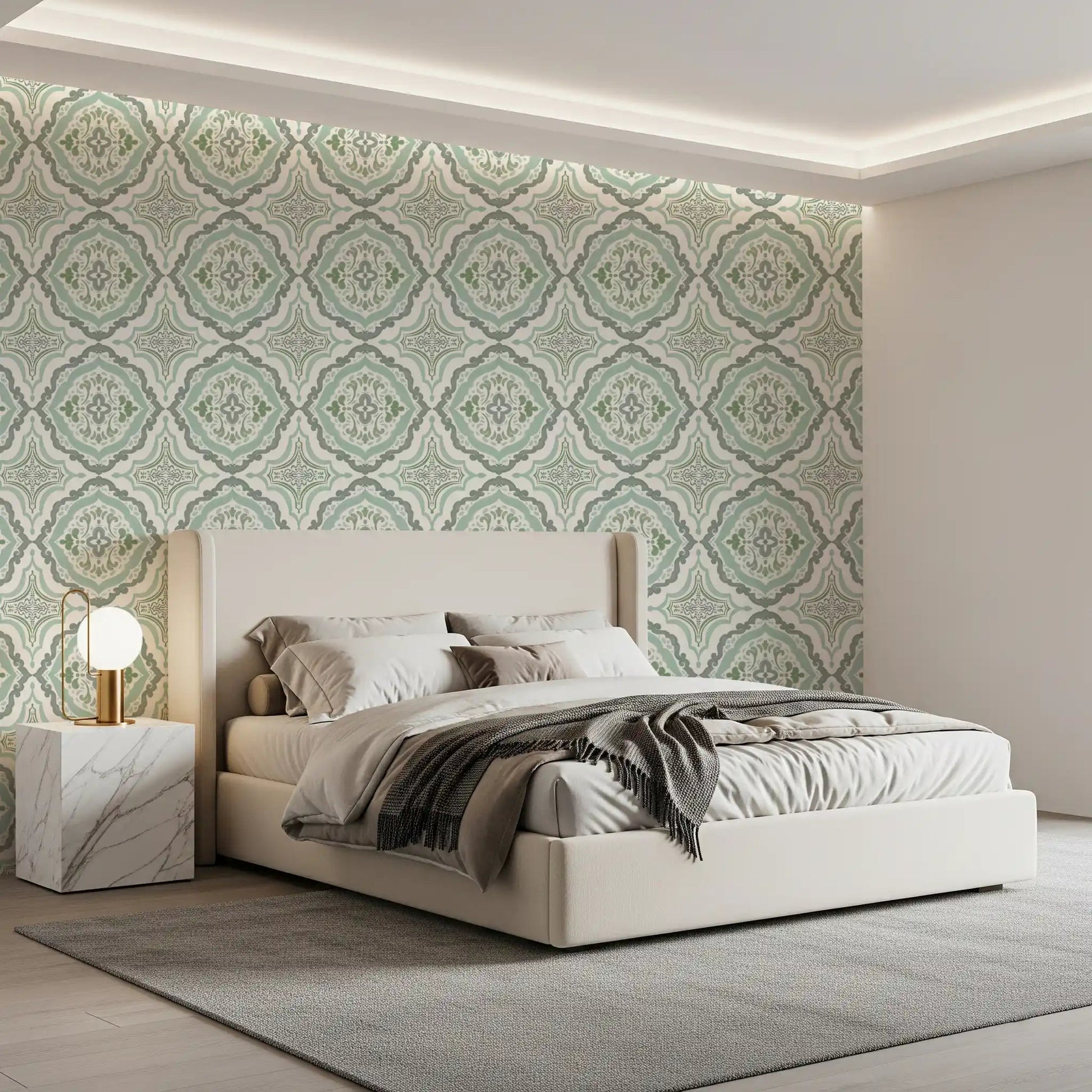 Minimal bedroom framed by Sage Bloom Tile Wallpaper with vintage tile detailing