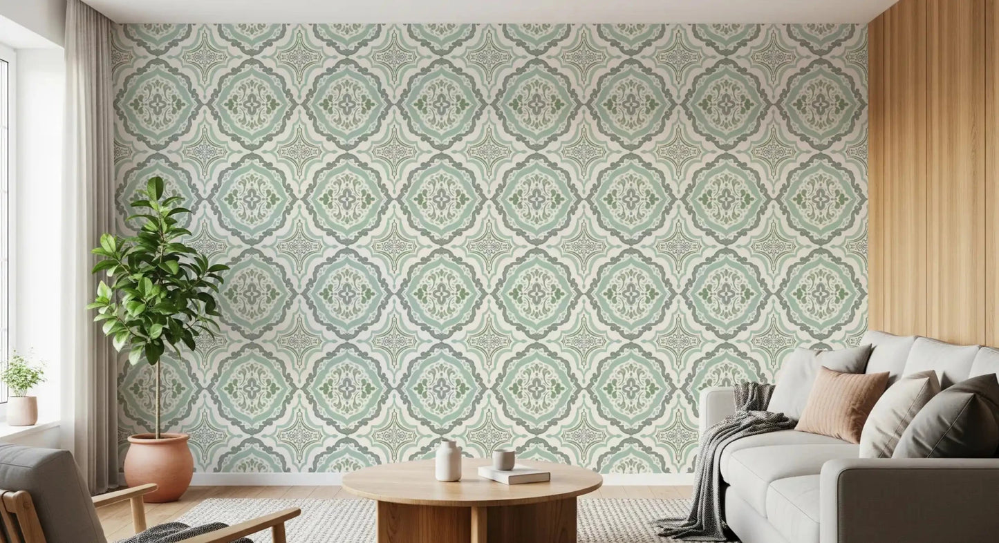 Sage Bloom Tile Wallpaper behind a light sofa in a calm, airy living room