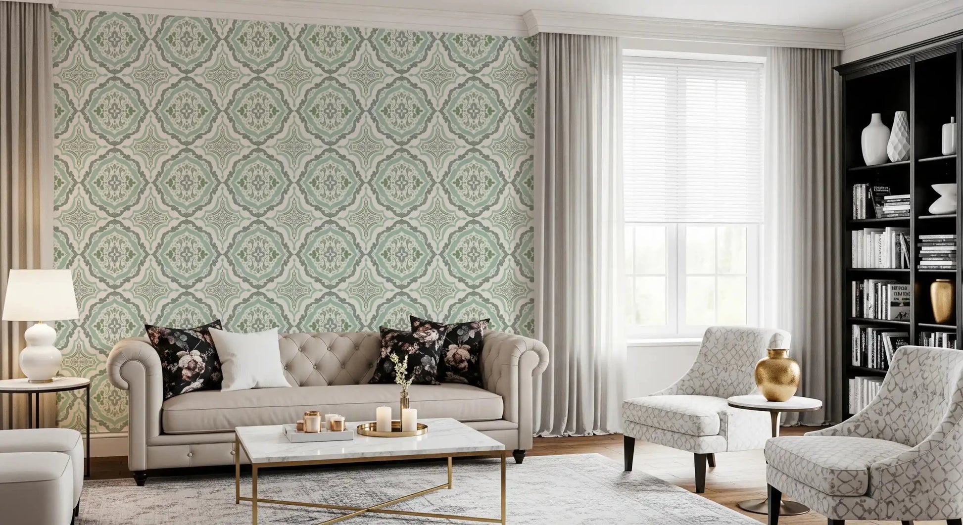 Warm sitting area layered with Sage Bloom Tile Wallpaper in soft sage and white