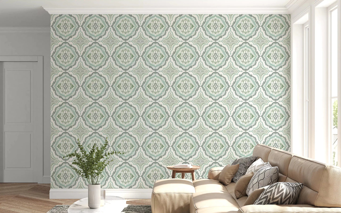 Soft lounge corner finished with Sage Bloom Tile Wallpaper and gentle sage tones