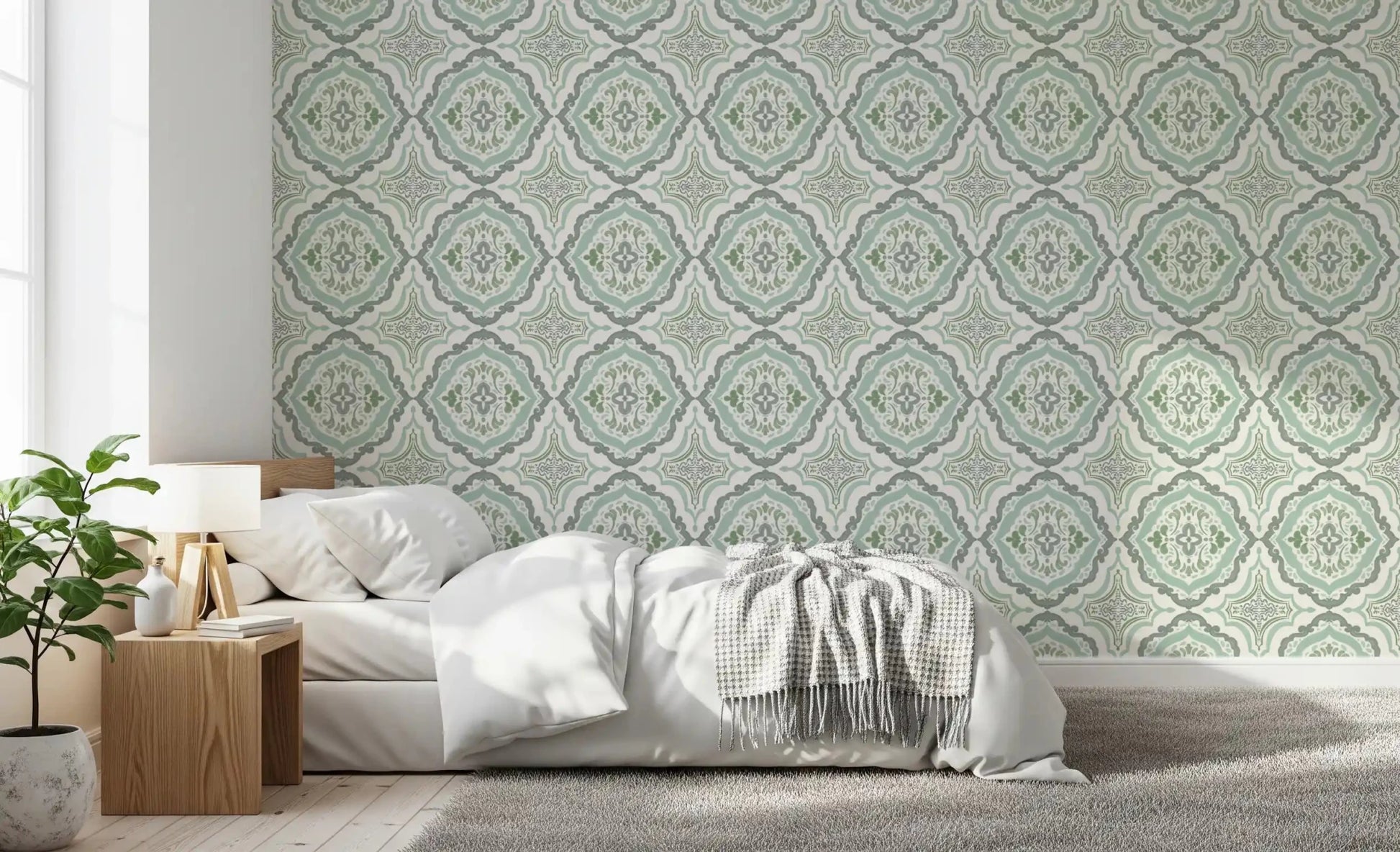 Cozy Bedroom scene with Sage Bloom Tile Wallpaper in a muted green repeat