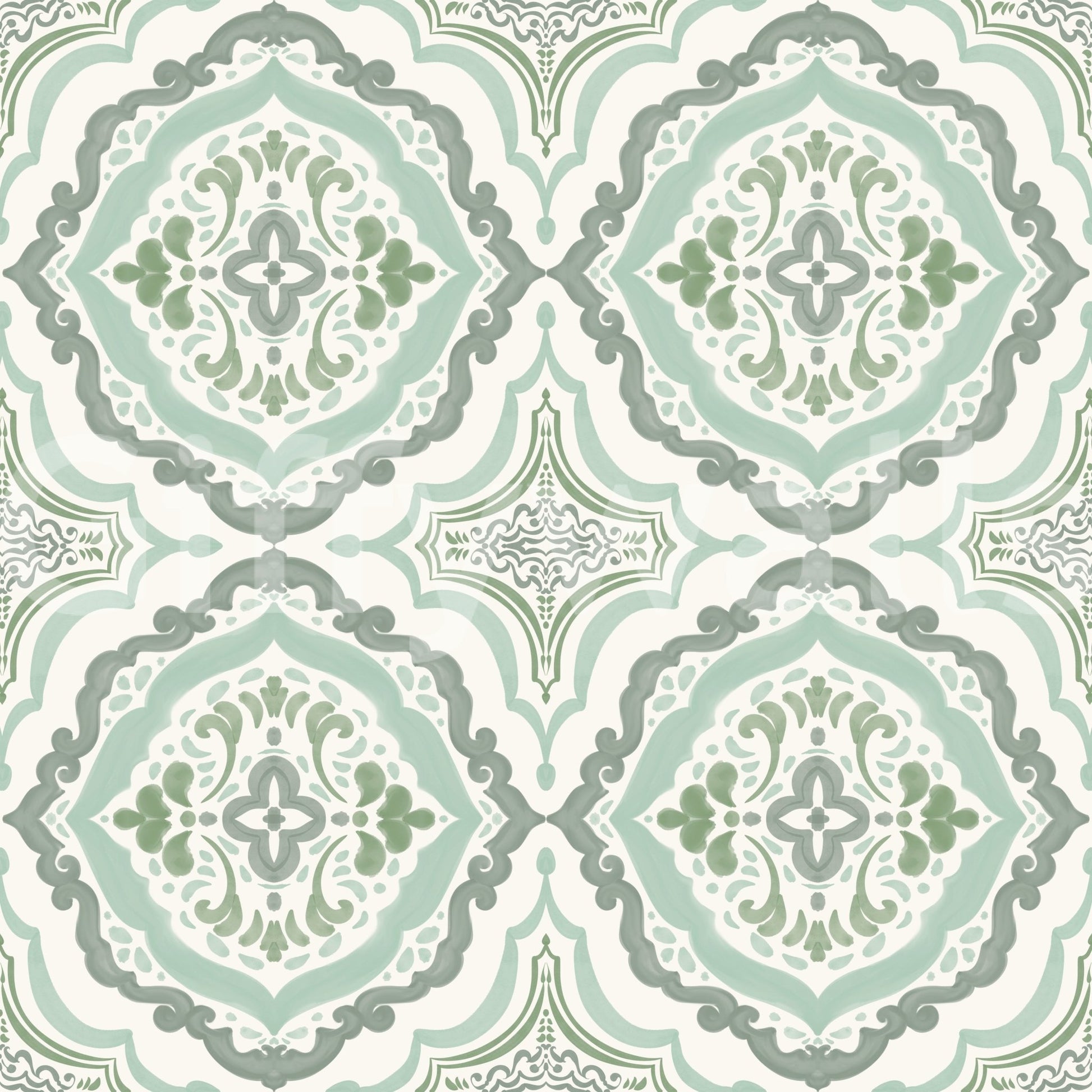 Muted green Sage Bloom Tile Wallpaper in a symmetrical vintage tile pattern layout