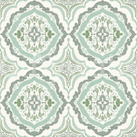Muted green Sage Bloom Tile Wallpaper in a symmetrical vintage tile pattern layout