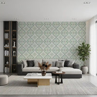 living room featuring Sage Bloom Tile Wallpaper and a leafy accent