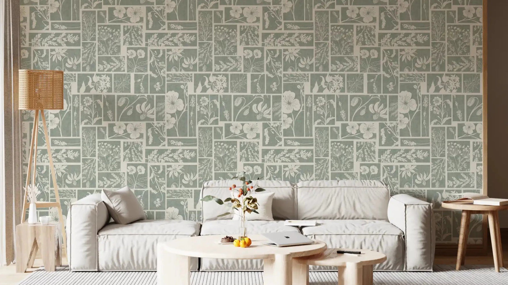 Sage Botanical Collage Wallpaper showing patch-style blooms and leaf silhouettes, GD9036