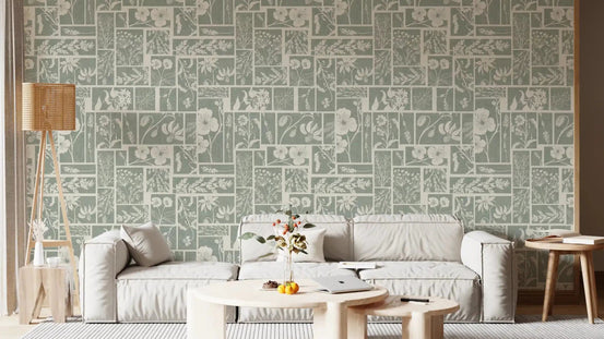 Sage Botanical Collage Wallpaper showing patch-style blooms and leaf silhouettes, GD9036