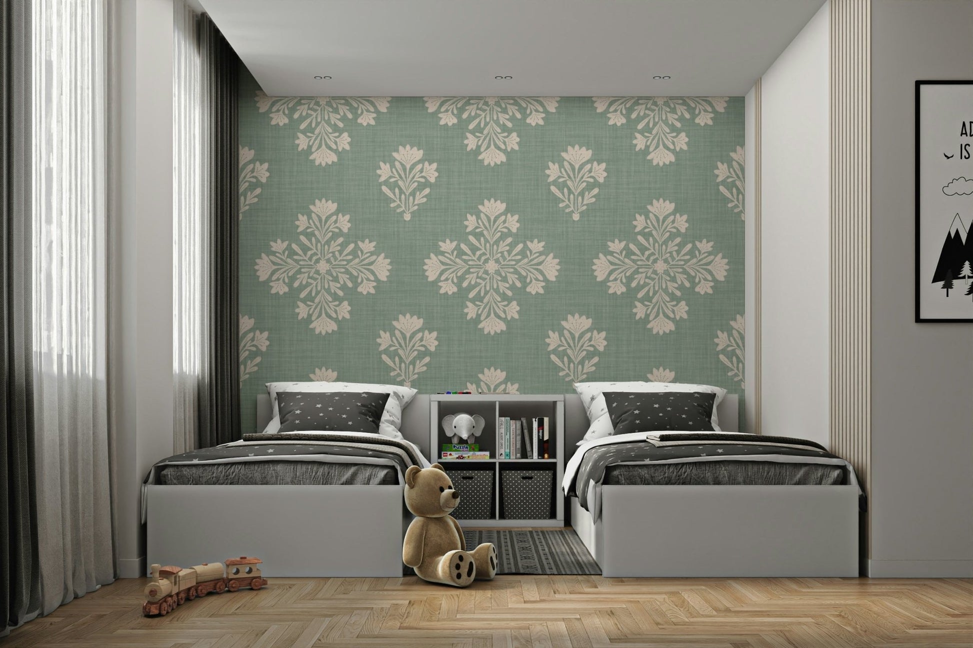 Sage & Cream Botanical wallpaper on living room wall

