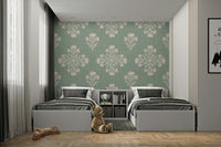 Sage & Cream Botanical wallpaper on living room wall

